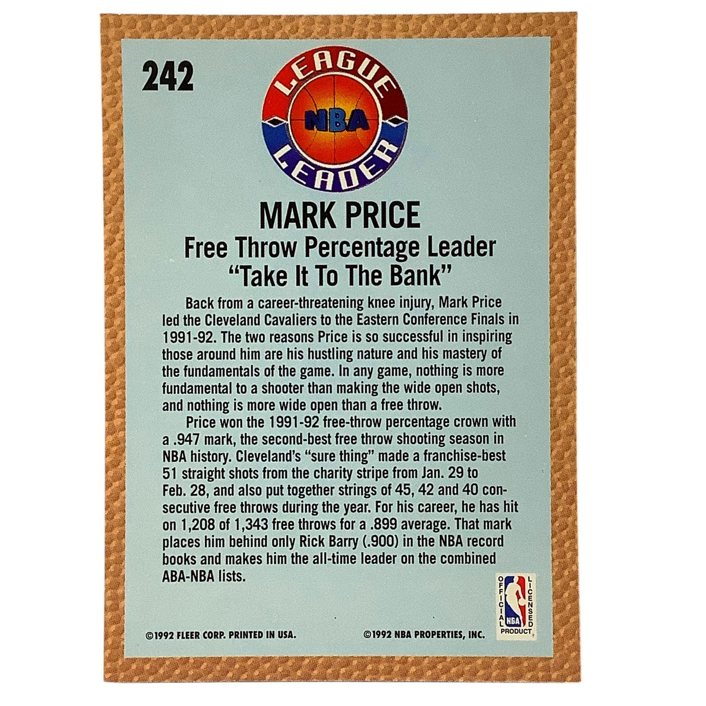 League Leader Mark Price (Free Throw % Made), Card #242 Cavs, 1992-93 Fleer NBA