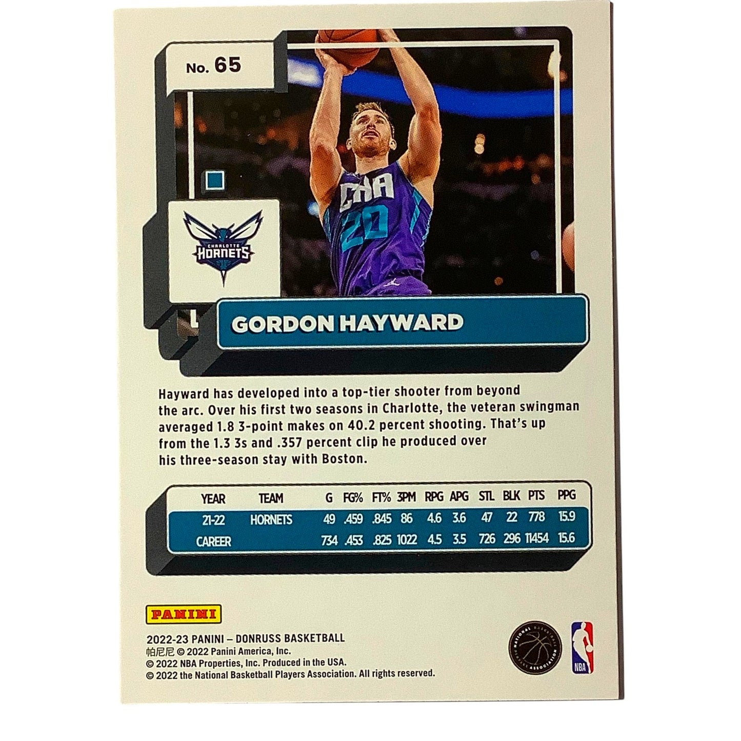 Gordon Hayward, Card #65, Charlotte Hornets, 2022-23 NBA Panini Donruss NM+