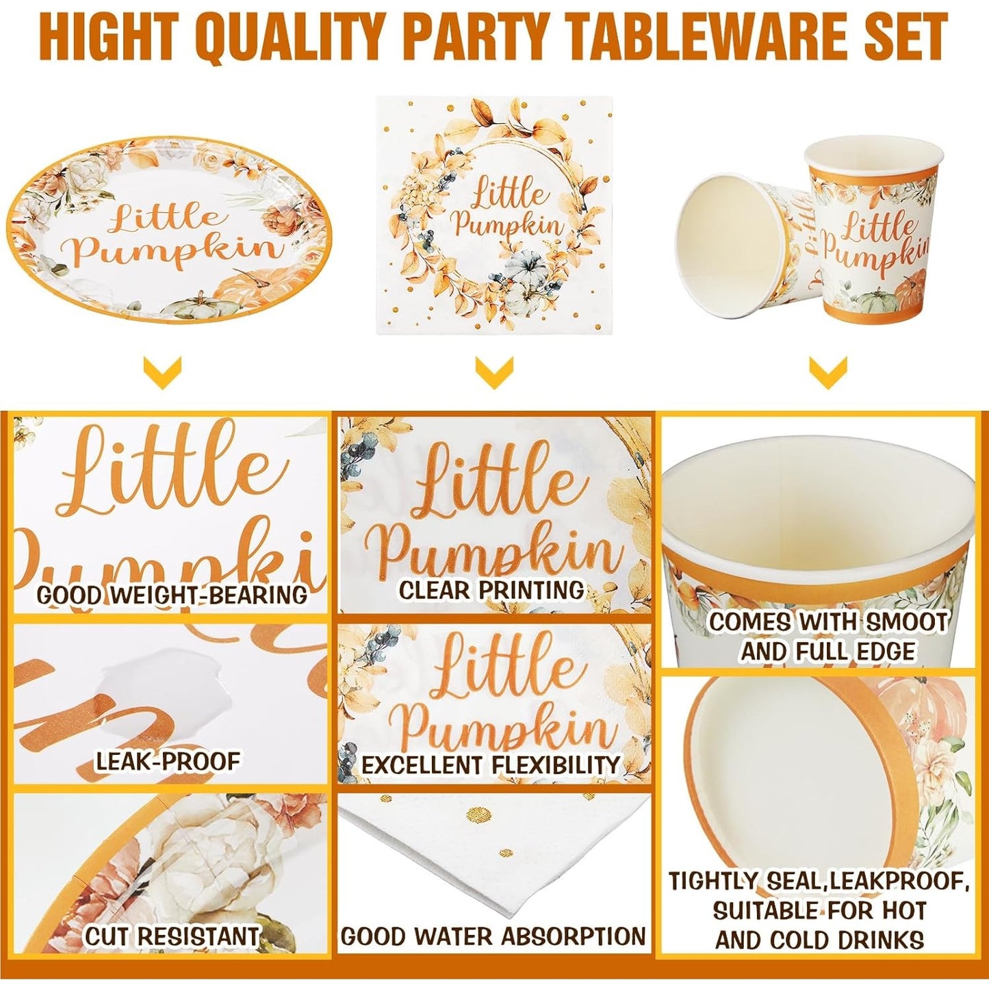 150 Pcs Little Pumpkin Disposable Serving Set, 50 Each- Plates, Napkins, Cups