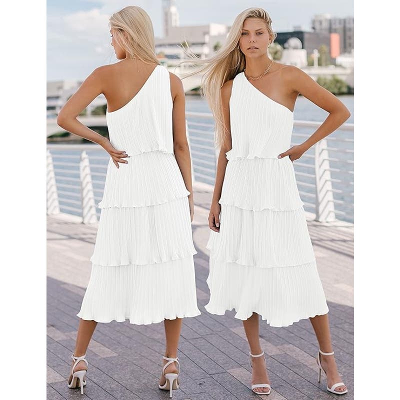 Summer One-Shoulder Sleeveless Pleated Ruffle Tiered Layered Chiffon Party Dress