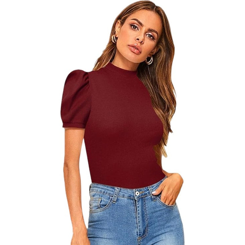 Floerns Women's Solid Tee Mock Neck Short Puff Sleeve Tops Blouse. Burgundy, Med