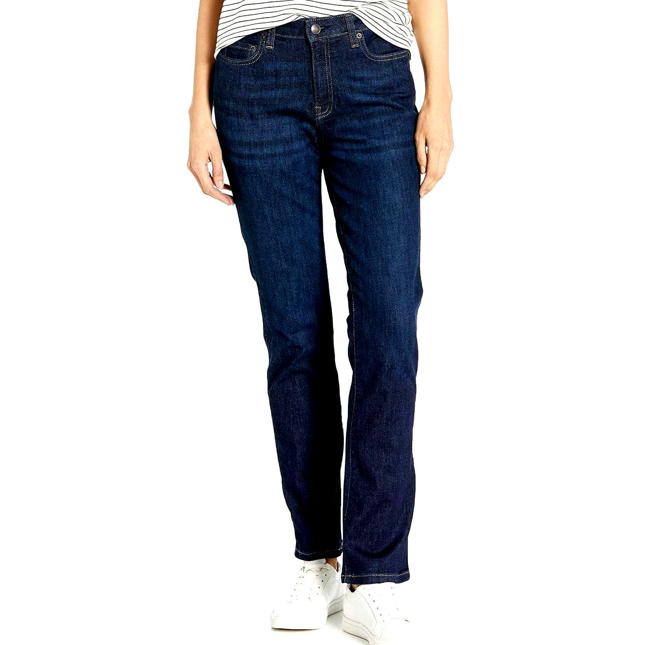 Amazon Essentials Women's Denim Slim Straight Blue Jeans, Dark Wash, 12 Long