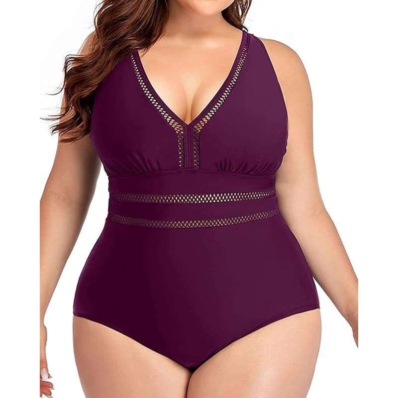 Daci Maroon Plus Size One Piece Swimsuits Sexy V Neck Backless Bathing Suit 24W