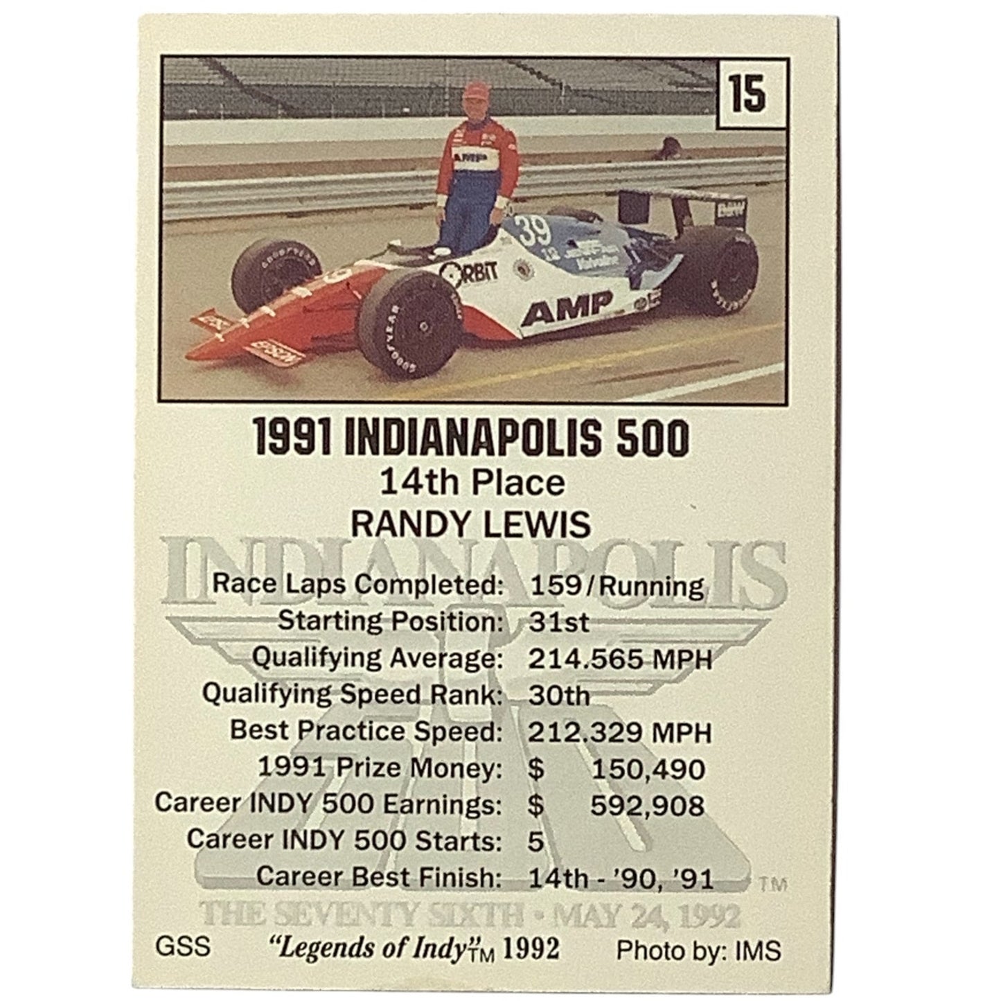 Randy Lewis 14th Place Finish, 1991 Action, 1992 Legends of Indy Card 15, NM+