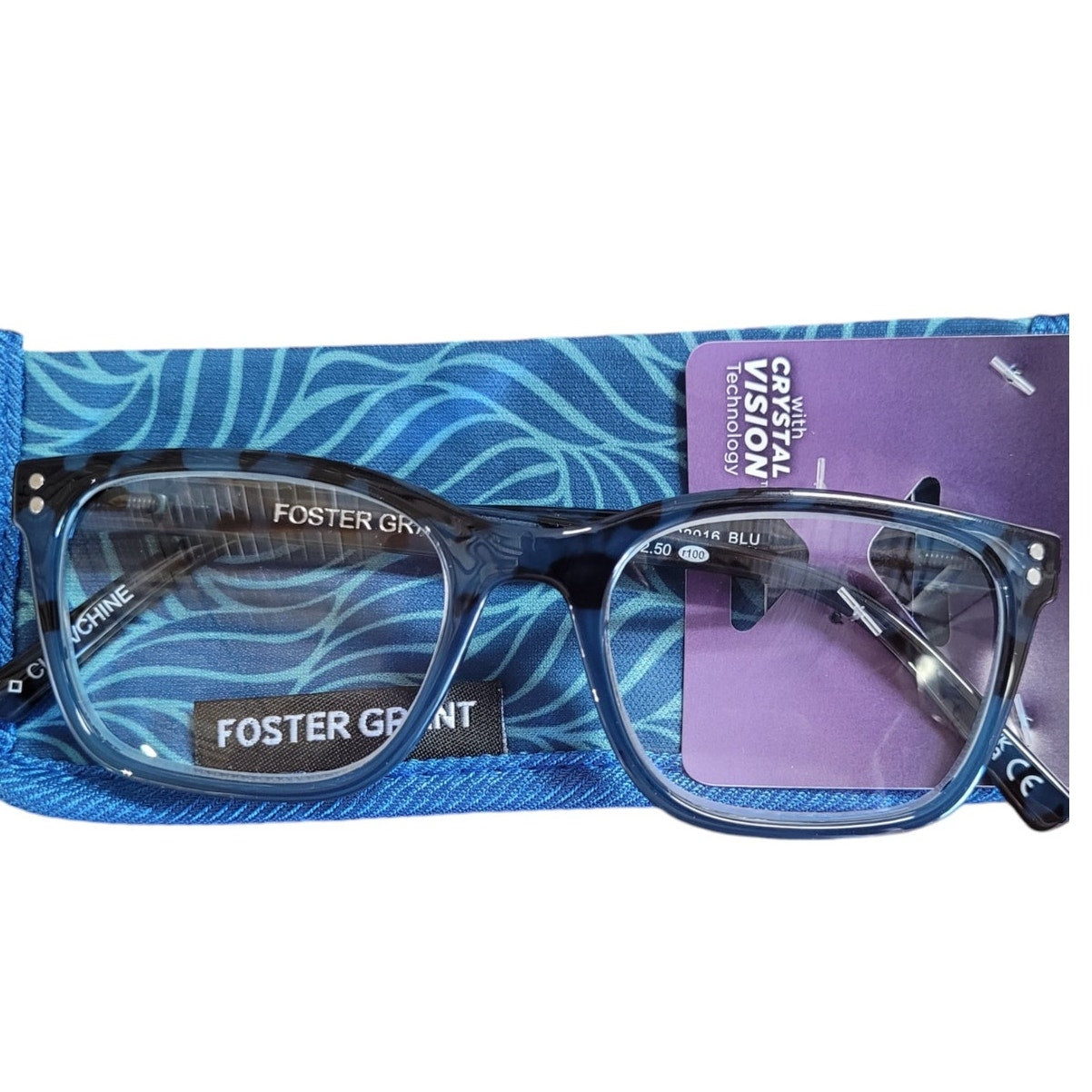 Foster Grant Crystal Vision BLU Reading Glasses, Clear Blue with Case +2.50