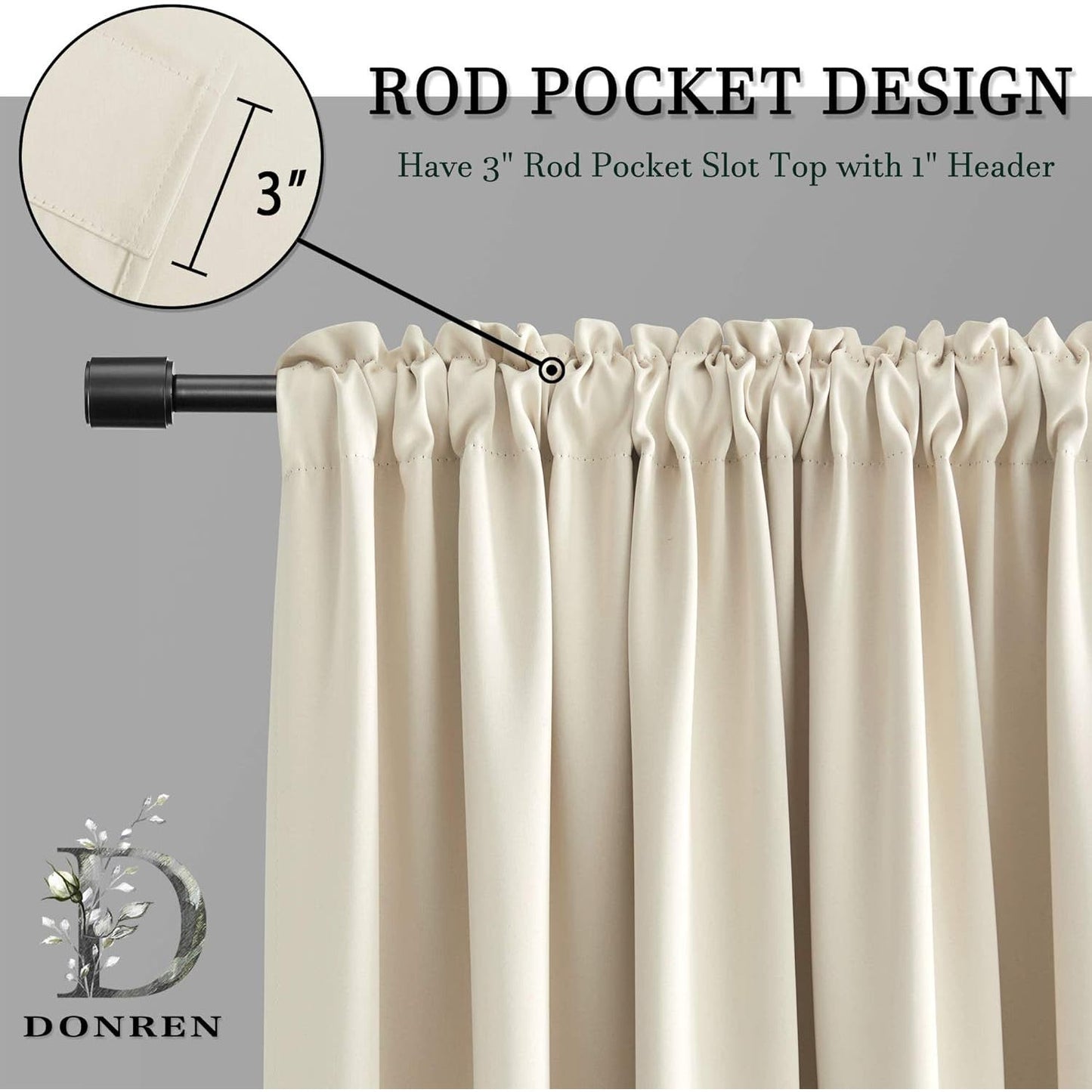 DONREN Thermal Room Darkening Panels, Rod Pocket, 52"W x 96"L, 2 Panels, Cream