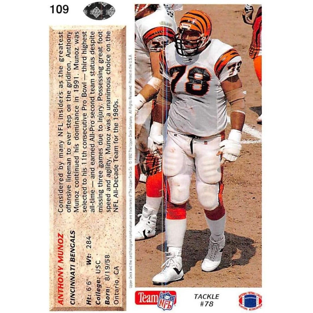 1992 Upper Deck #109 Anthony Munoz, Cincinnati Bengals, EXC Condition