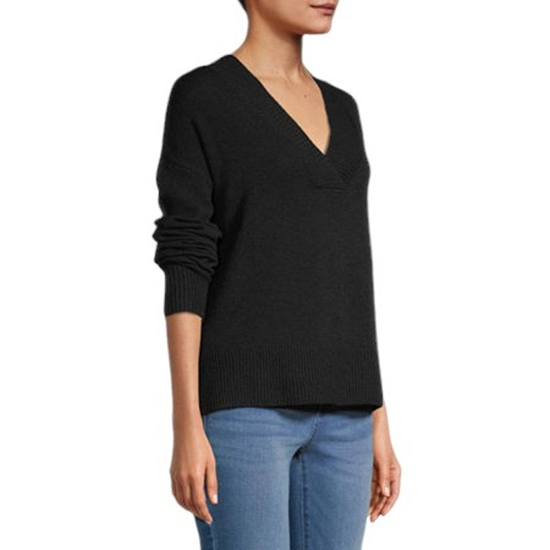 a.n.a A New Approach, Womens V-Neck Long Sleeve Pullover Sweater, Black, S (4-6)