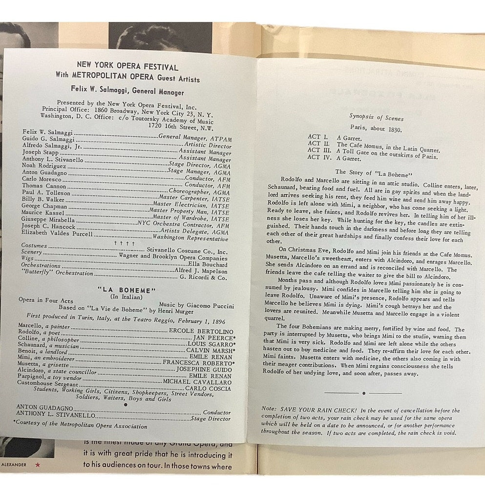 Souvenir Libretto, La Boheme, 1954 & a Playbill La Boheme in NYC, July 19 1962