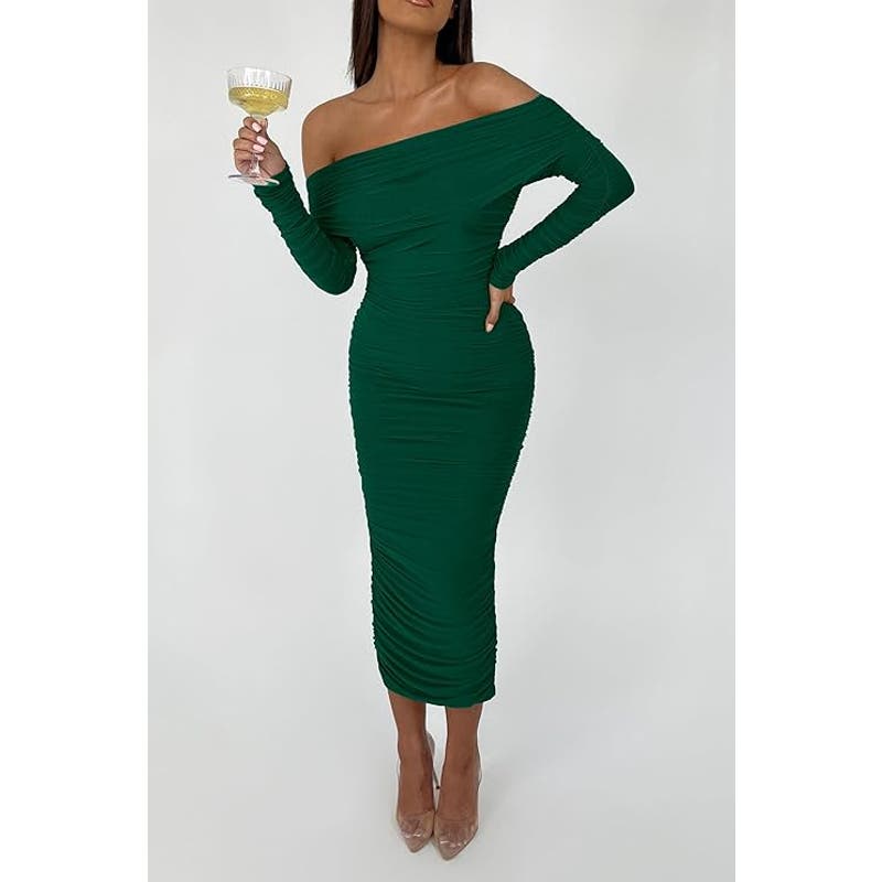 Fall Off Shoulder Maxi Bodycon Dress L/S Ruched Club Dress w/ Slit, MD, Green