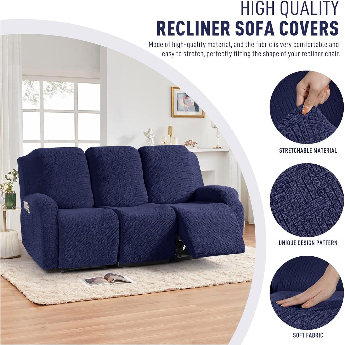 Furniture Recliner Sofa Slipcovers, Stripe Jacquard, (3 Seater, Dark Blue)