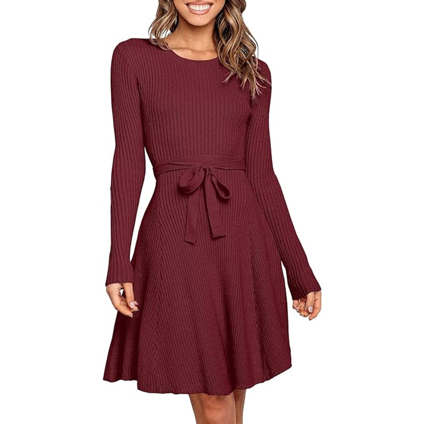 Sweater Dress L/S Crew Neck A Line Midi Tie Waist Rib Knit Bodycon Mini Dress, M