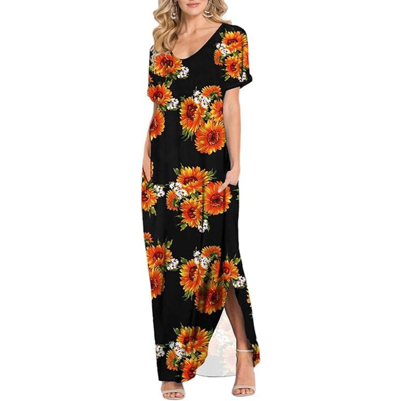 Grecerelle V-Neck Casual Maxi Dress S/S Split Summer Dress w/ Pockets, XS (0-2)