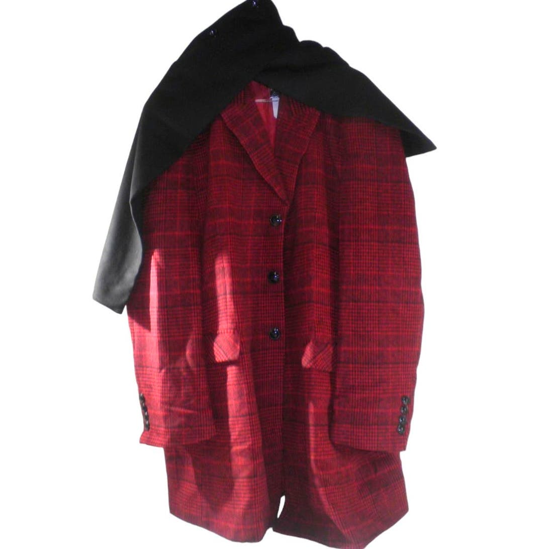 Men's 2XL Red Plaid Pea Coat, Wool/Poly Blend, Notched Collar w/ Black Scarf