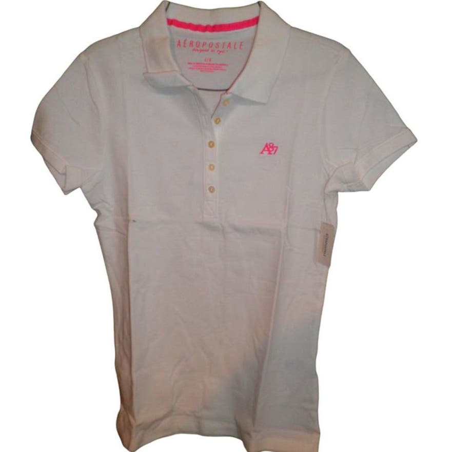 Aeropostale Men's Large Polo Shirt, White, Embroidered Logo in Pink