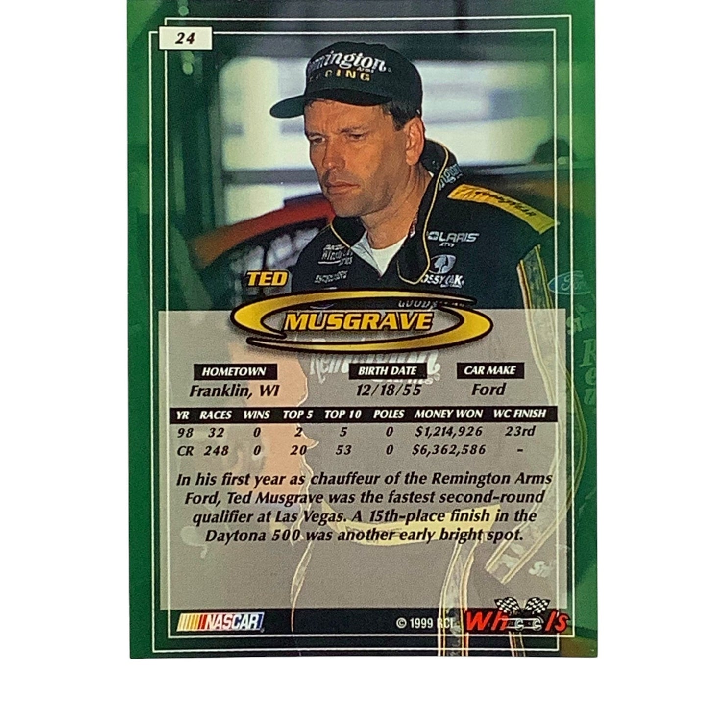 Ted Musgrave, Sponsor: Remington, Card 24, 1999 Wheels NASCAR Winston Cup, NM+