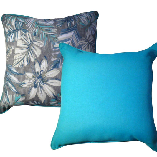 Set of 2 Square Outdoor Throw Pillows, Palm Hibiscus, Gray and Teal, 16 x 16 x 5