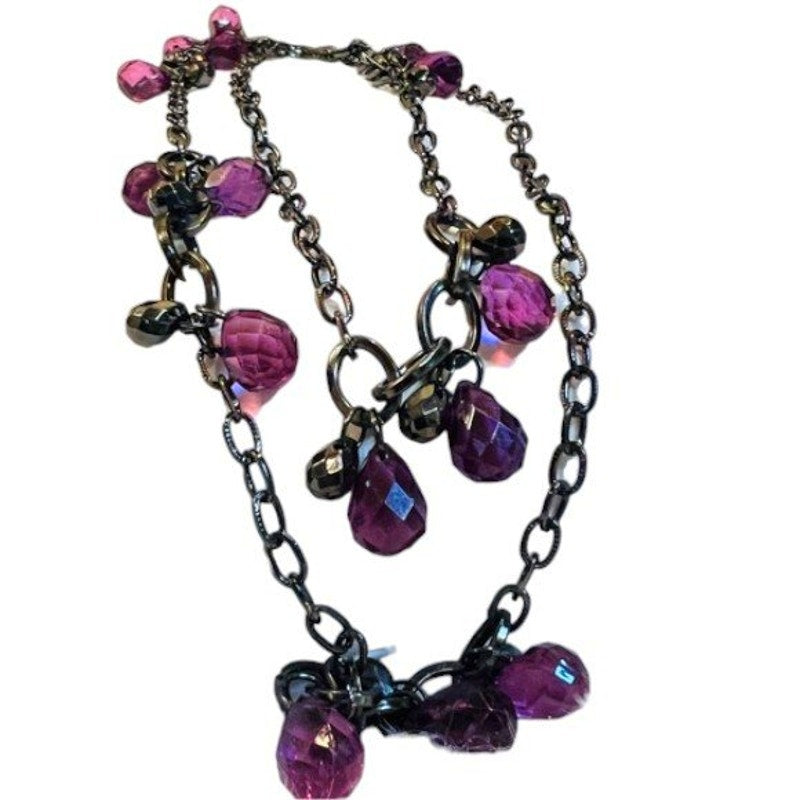 Vintage Costume Necklace, Amethyst Stones, Black Geometric Balls on Black Chain