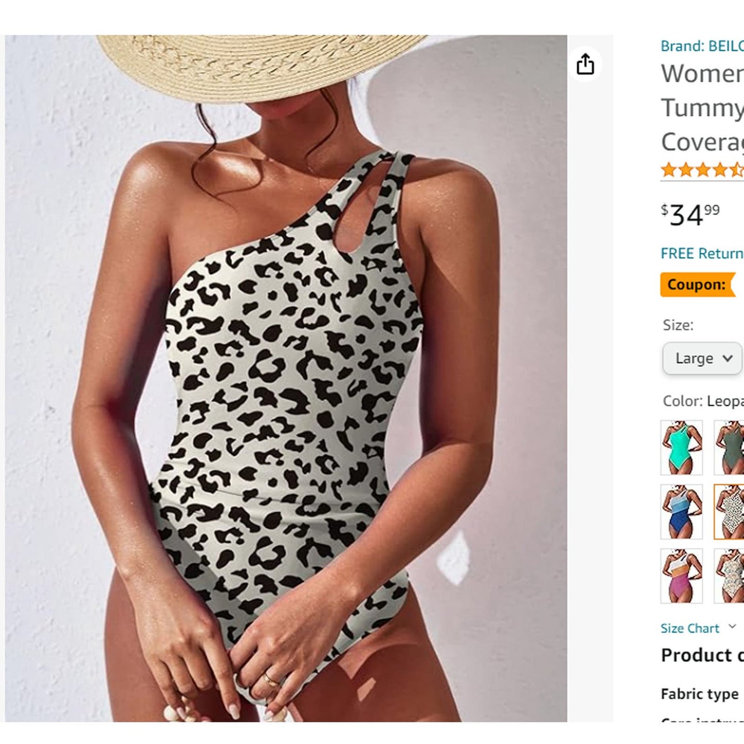 One Shoulder One Piece Ruched Swimsuit Tummy Control Full Coverage, Leopard, LRG