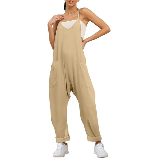 Trendy Queen, M,  Apricot, Jumpsuit Casual Summer Romper Baggy Pocketed Overalls