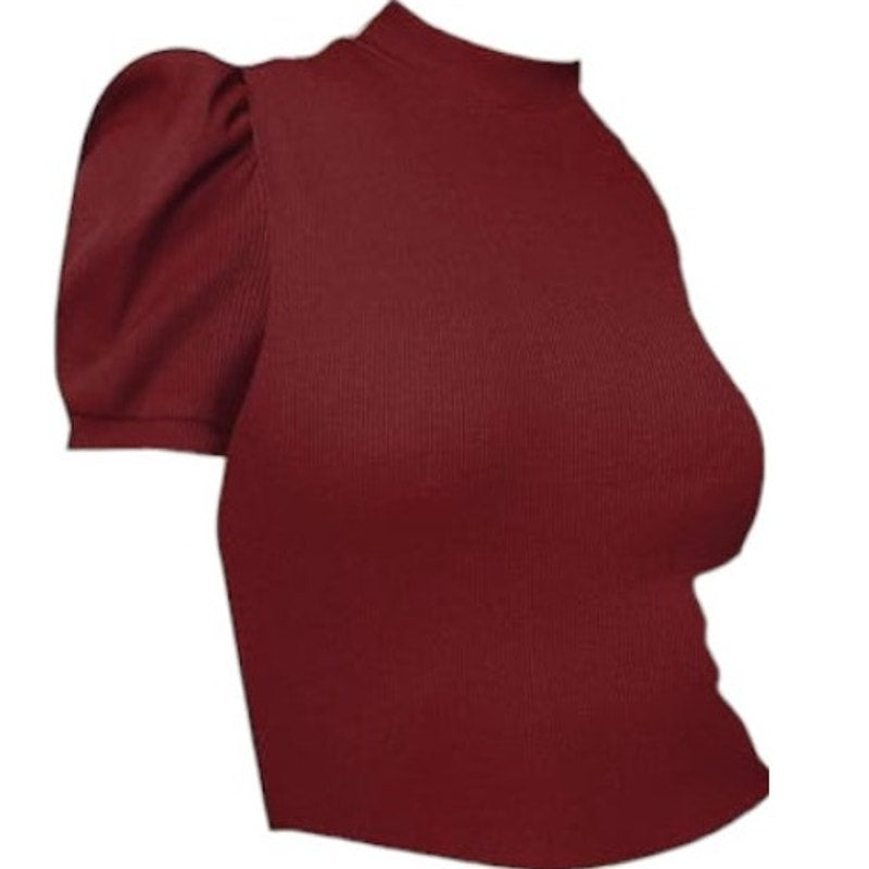 Floerns Women's Solid Tee Mock Neck Short Puff Sleeve Tops Blouse. Burgundy, Med