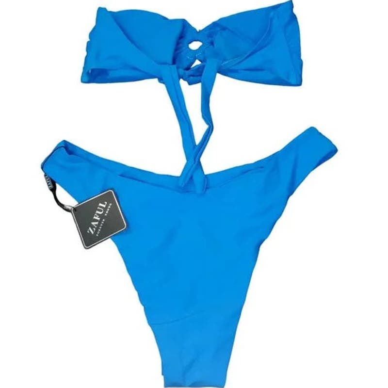 ZAFUL Blue Bandeau Bikini O Ring Strapless Tie Back High Cut Two Piece, L (8-10)