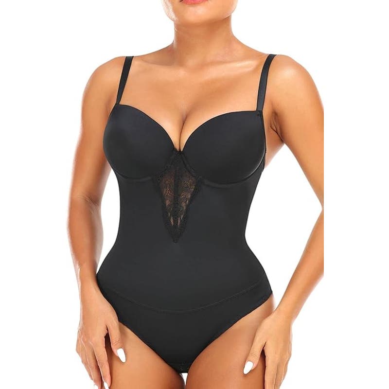 ALINBAIST Lace Bodysuit Shapewear With Built-In Bra, V-neck Top Black XXXL