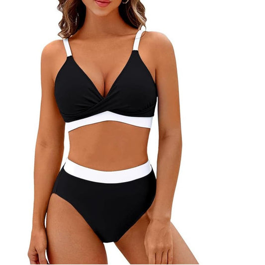 BMJL High Waisted V Neck 2-Piece Color Block Twist Front Bathing Suit, M, Black