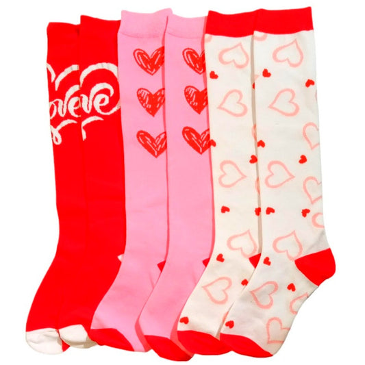 3 Pairs Jeyiour Heart/Love/Sweatheart Knee-High Socks, One Size (Shoe Size 5-9)