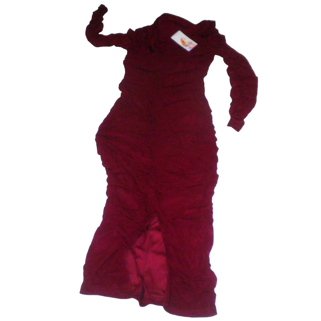 Fall Off Shoulder Maxi Bodycon Dress L/S Ruched Club Dress w/ Slit, MD, Wine Red