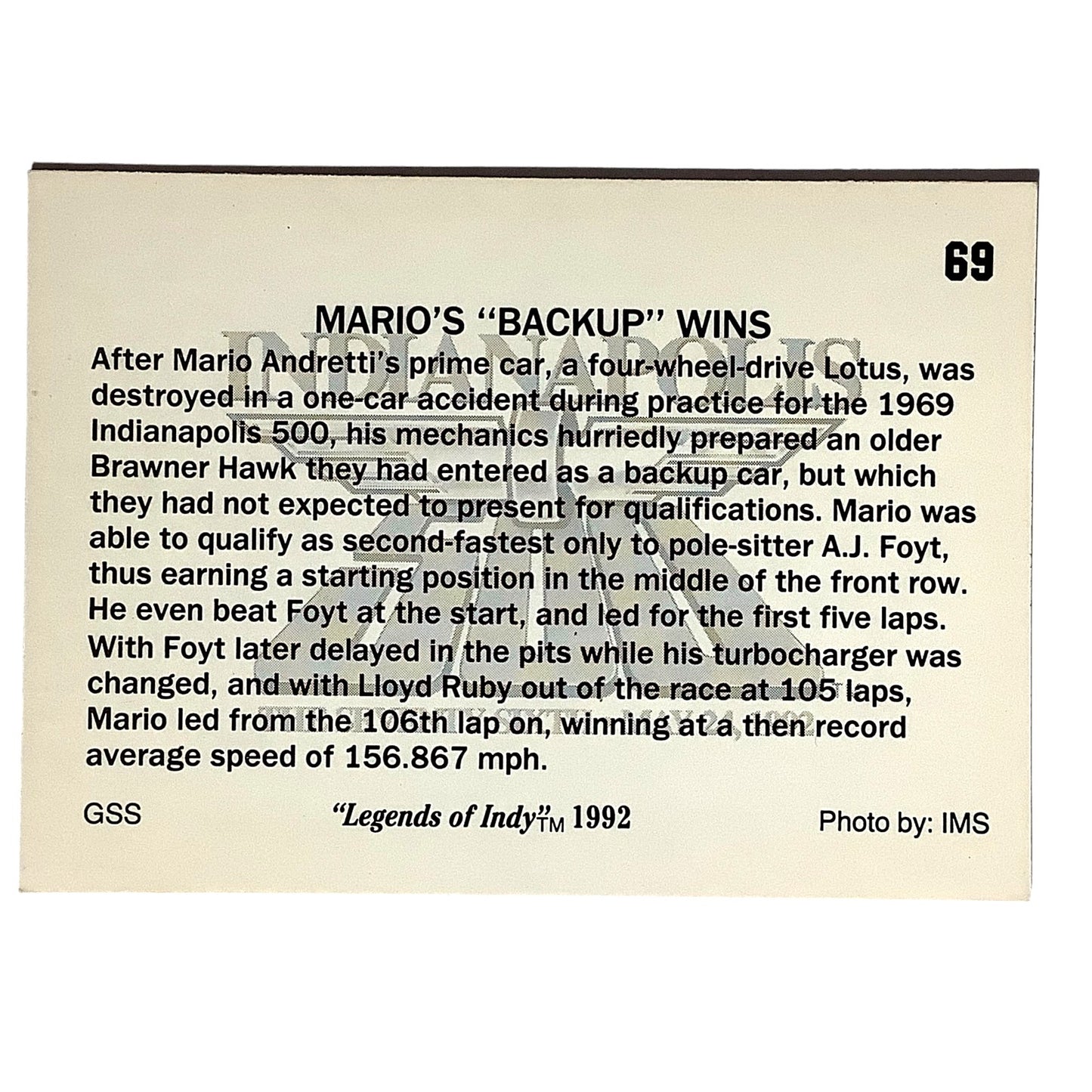 1969 Mario Andretti's Backup Wins Indy 500, '69 Action 1992 Legends of Indy, #67