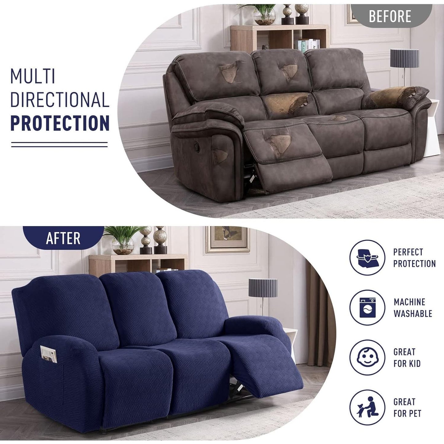 Furniture Recliner Sofa Slipcovers, Stripe Jacquard, (3 Seater, Dark Blue)