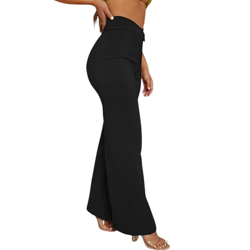 SweatyRocks Overlap Waist Seam Wide Leg Pants High Waist Dress Slacks, Black, S