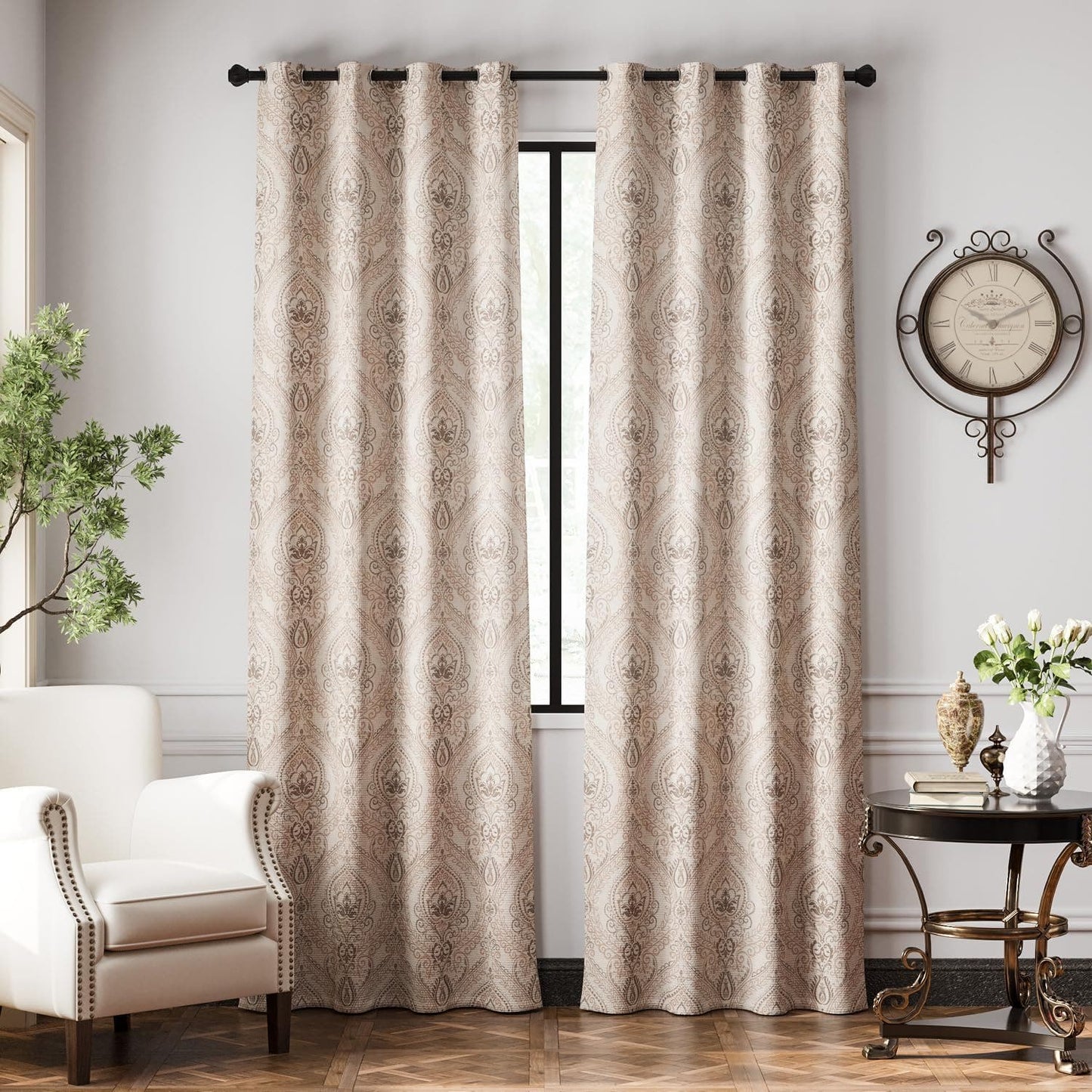 Linen Textured Curtain Panels (2 @ 52"W x 90"L) Taupe on Greige, Damask Pattern