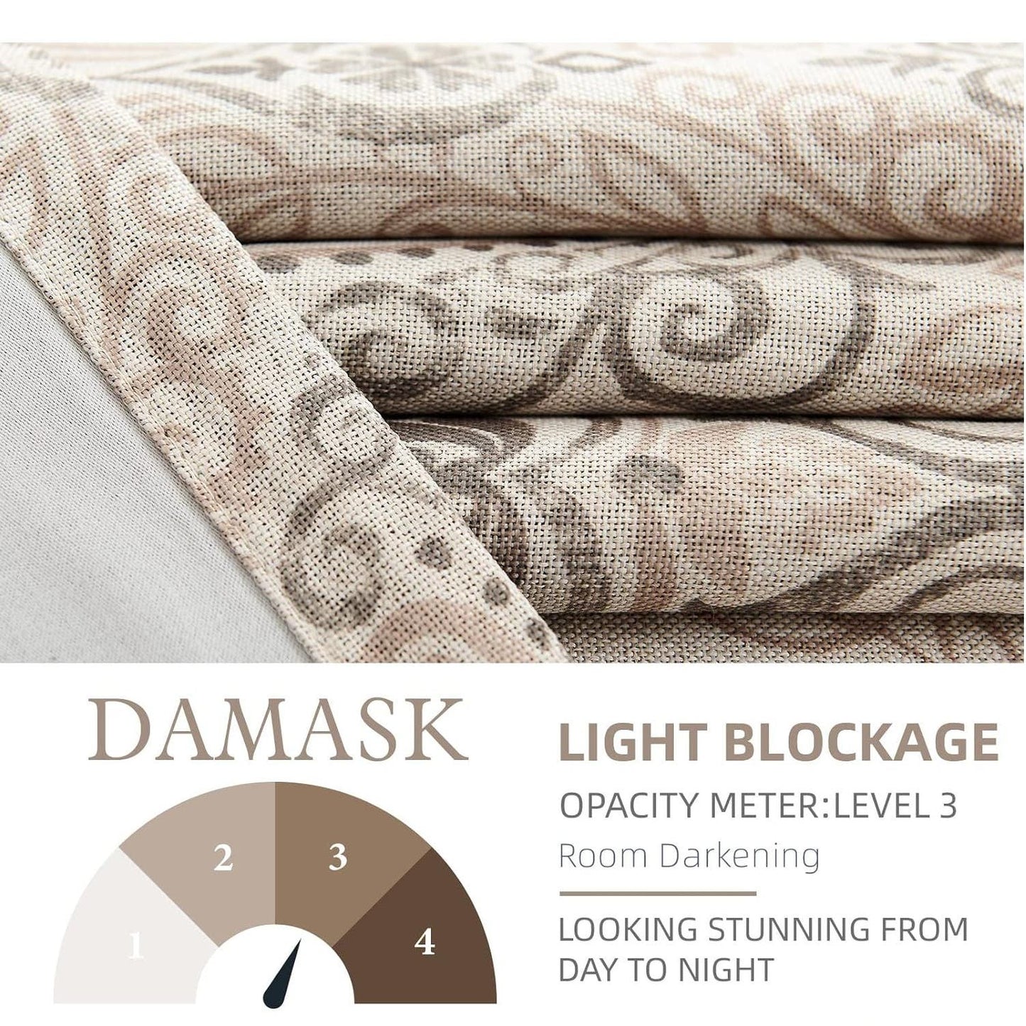 Linen Textured Curtain Panels (2 @ 52"W x 90"L) Taupe on Greige, Damask Pattern