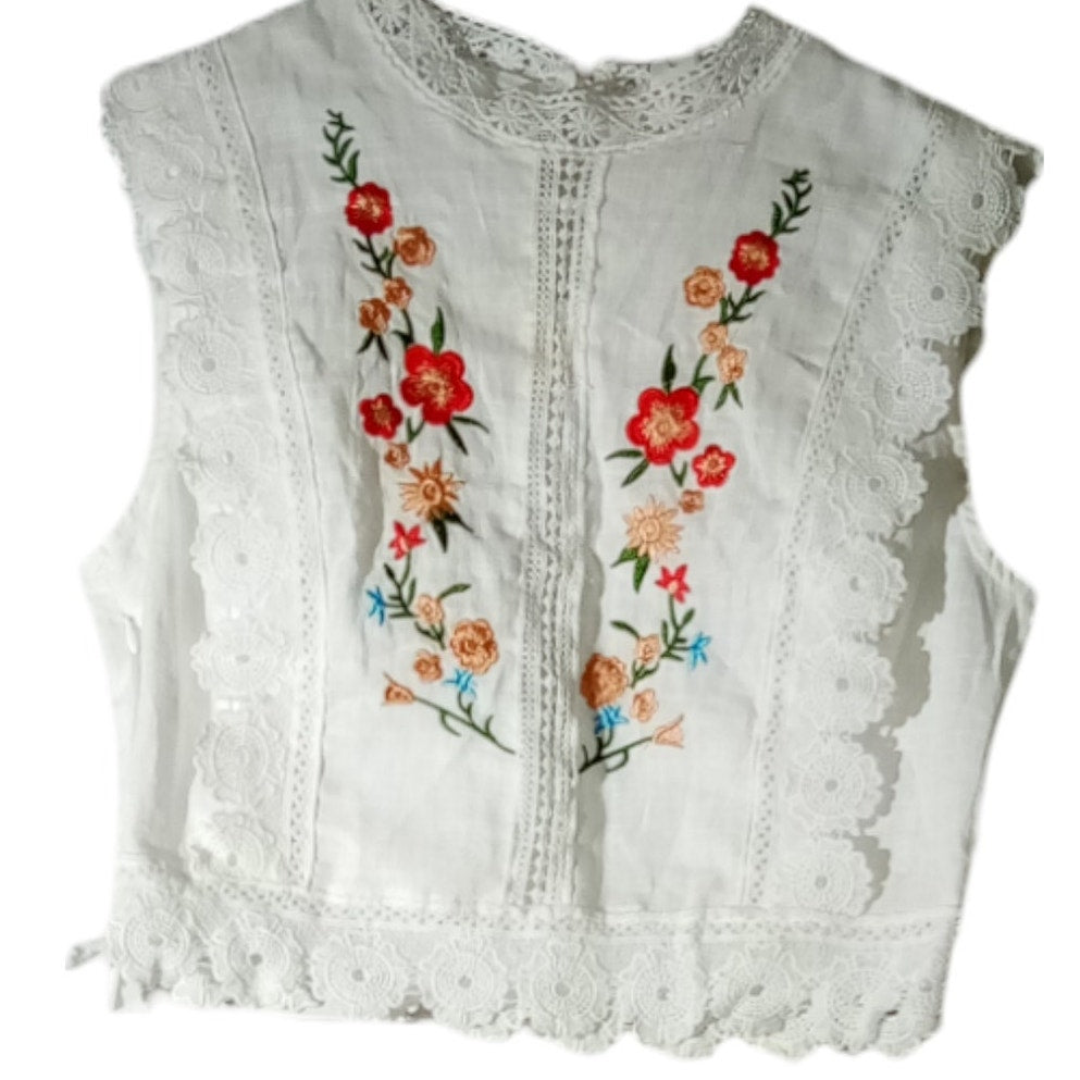 Floerns Girl's Floral Embroidery Guipure Lace Mock Neck Sleeveless Blouse Top50