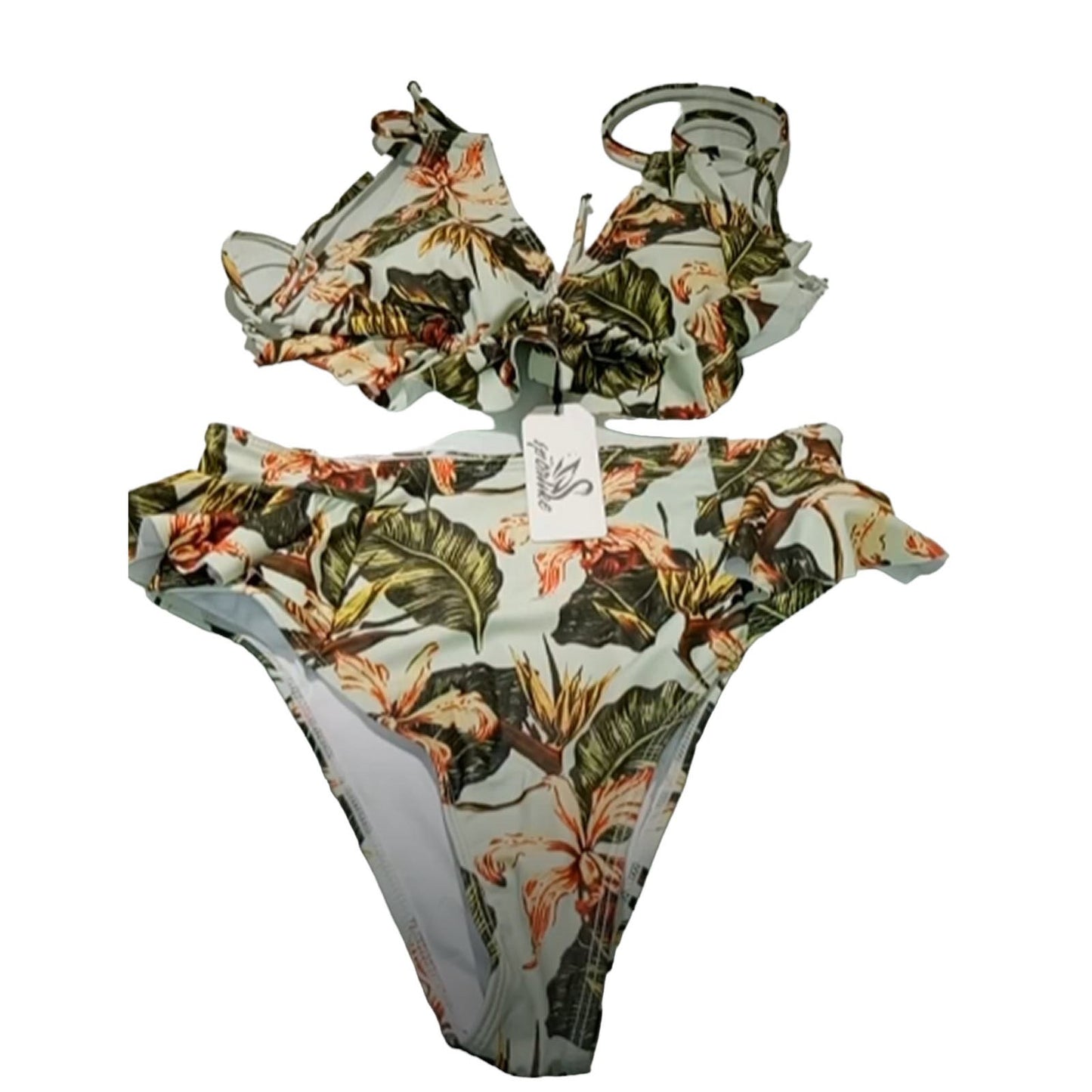 SPORLIKE Ruffle High Waisted Swimsuit Triangle Padded Top Bikini Floral Green M