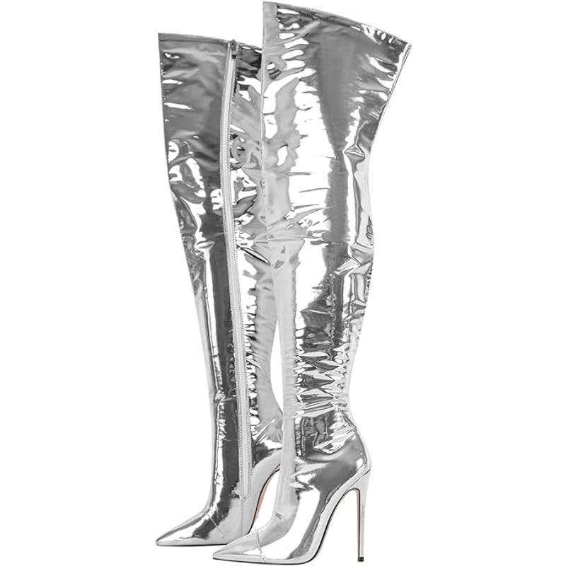 Over Knee Boots Almond Toe Patent Leather High Heels Point Toe Zip up Boots