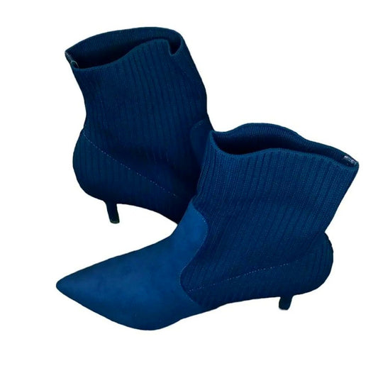 Coutgo Pointed Toe Sock Ankle Boots Stiletto Kitten Heel Slip On, Size 8, Blue