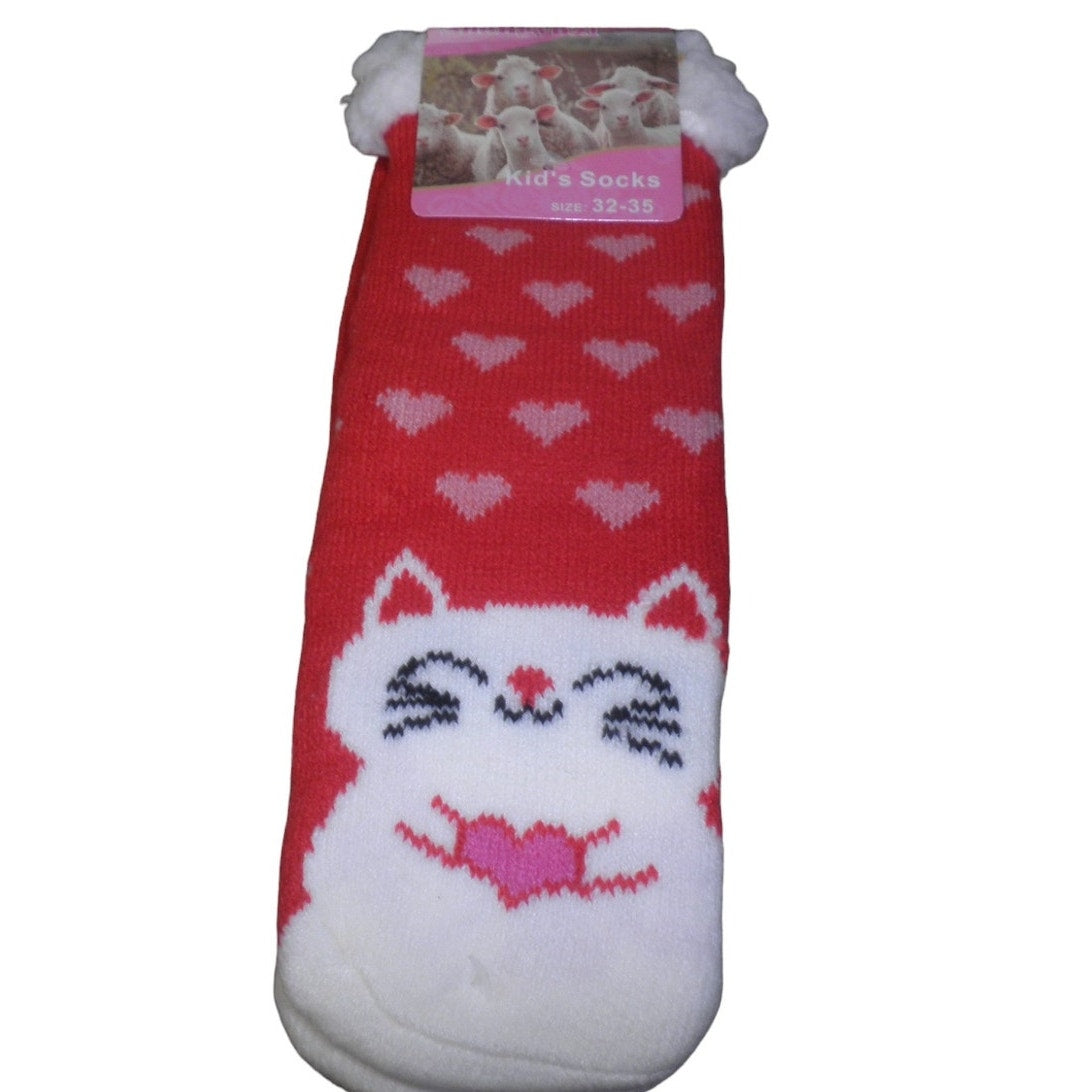 Kitty-Cat Gripper Socks, U.S. Youth 2-4.5, Fleece, Gripper House Sleep Socks