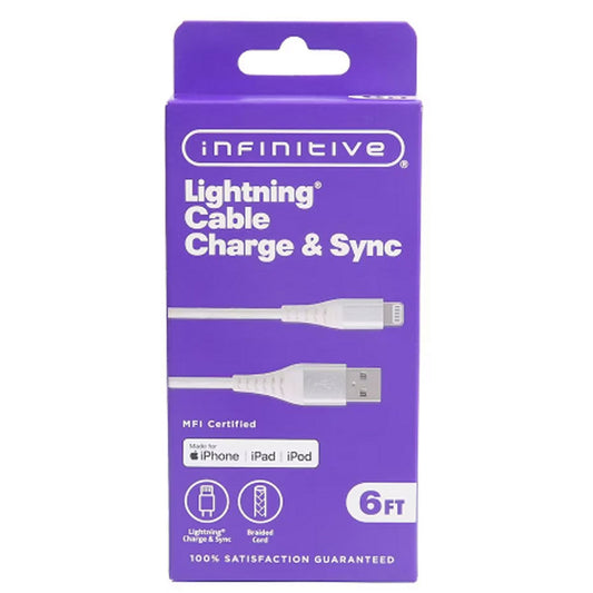 Infinitive USB-A To Lightning Tough Cable White, 6 ft For iPod, iPhone, or iPad