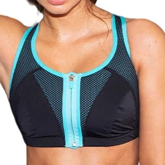 Xersion Medium Support Zip Front Seamless Sports Bra, Racerback, Black/Aqua, LRG