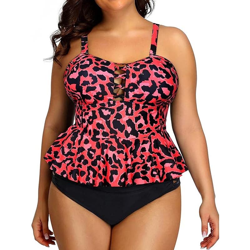 Tummy Control Two Piece Suit Peplum Tankini Tops High Waisted Red Leopard 22plus