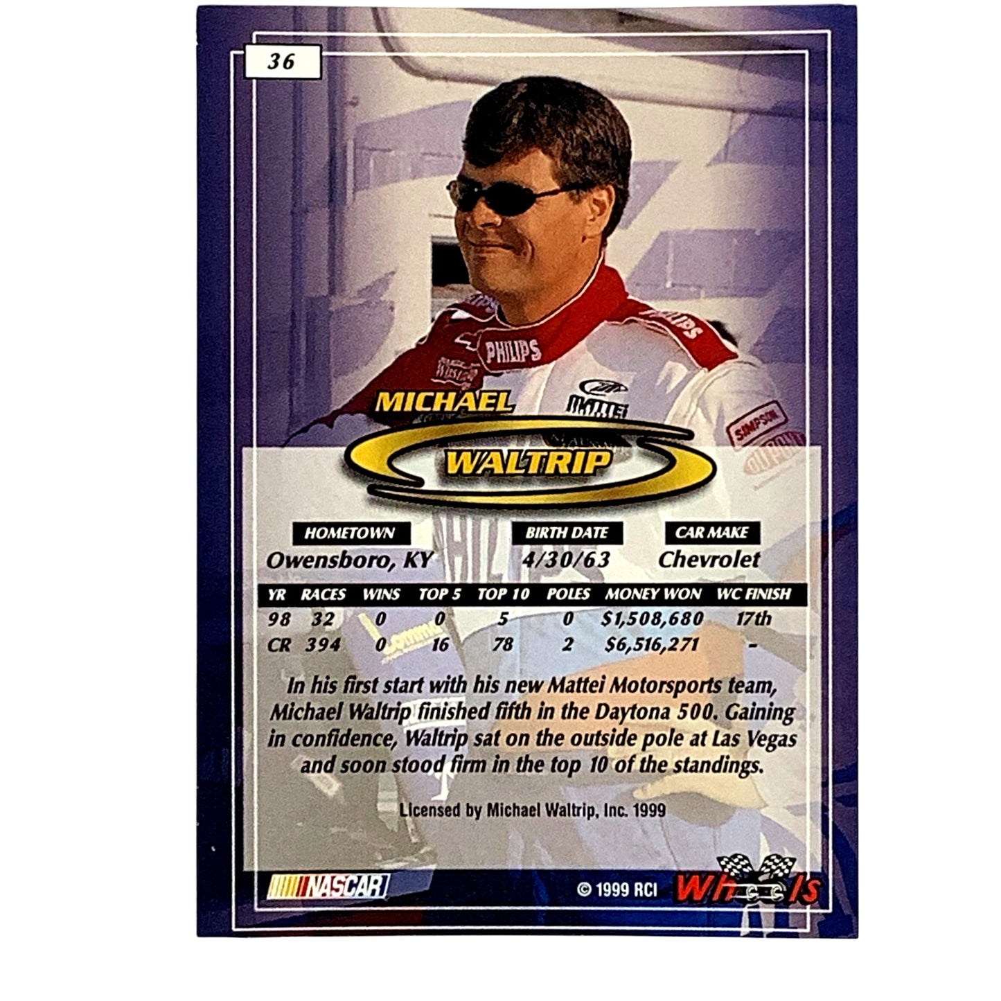 Michael Waltrip, Sponsor: Philips, Card 36 1999 Wheels NASCAR Winston Cup, NM+