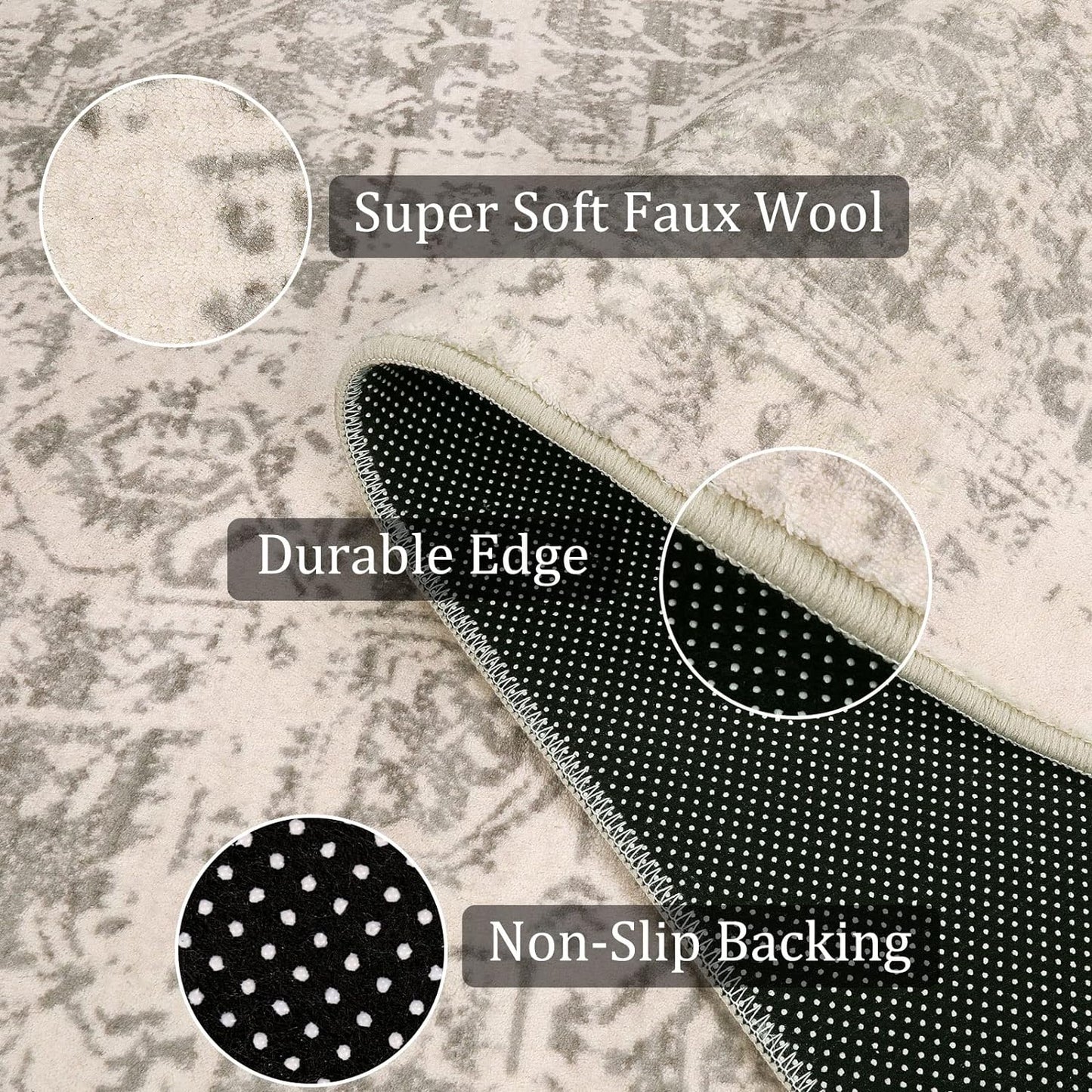 3x5 Grey Non-Slip Distressed Throw Rug, Non-Shedding Vintage Design, Faux Wool