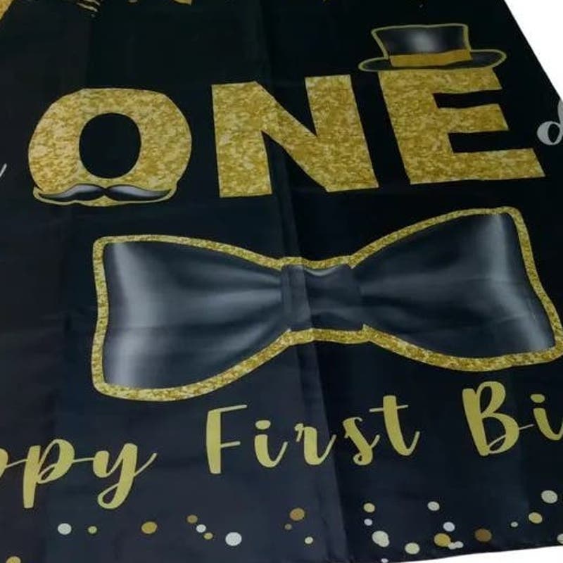 Black/Gold Mr ONEderful Happy First Birthday Banner 72.8"W x 43.3"H