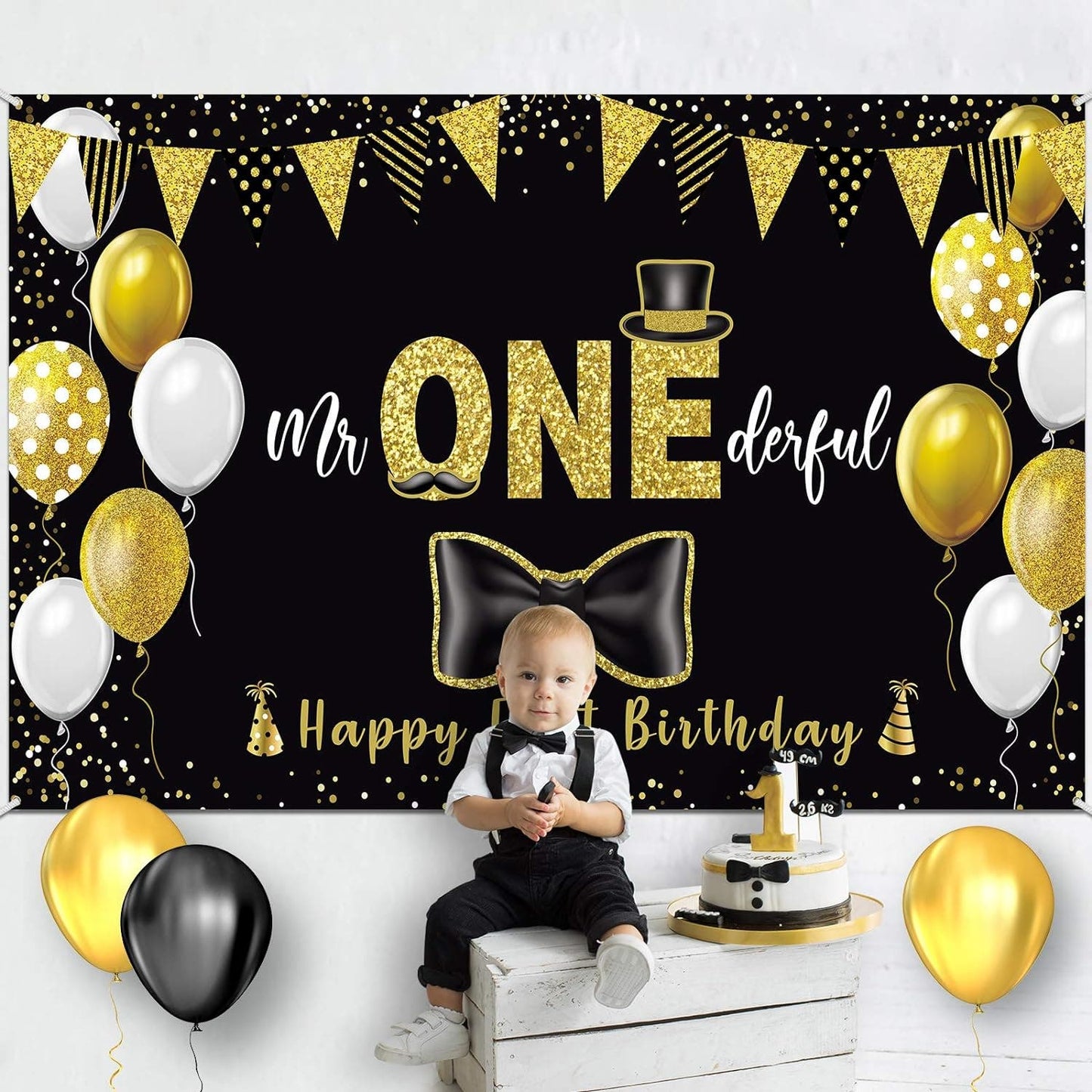 Black/Gold Mr ONEderful Happy First Birthday Banner 72.8"W x 43.3"H