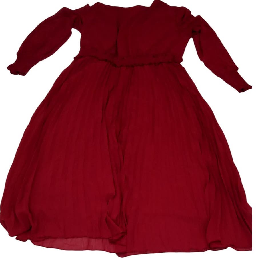 Wrap V Neck Spring Dress 2024 L/S Smocked Flowy Pleated Midi Dress, Wine Red, XL