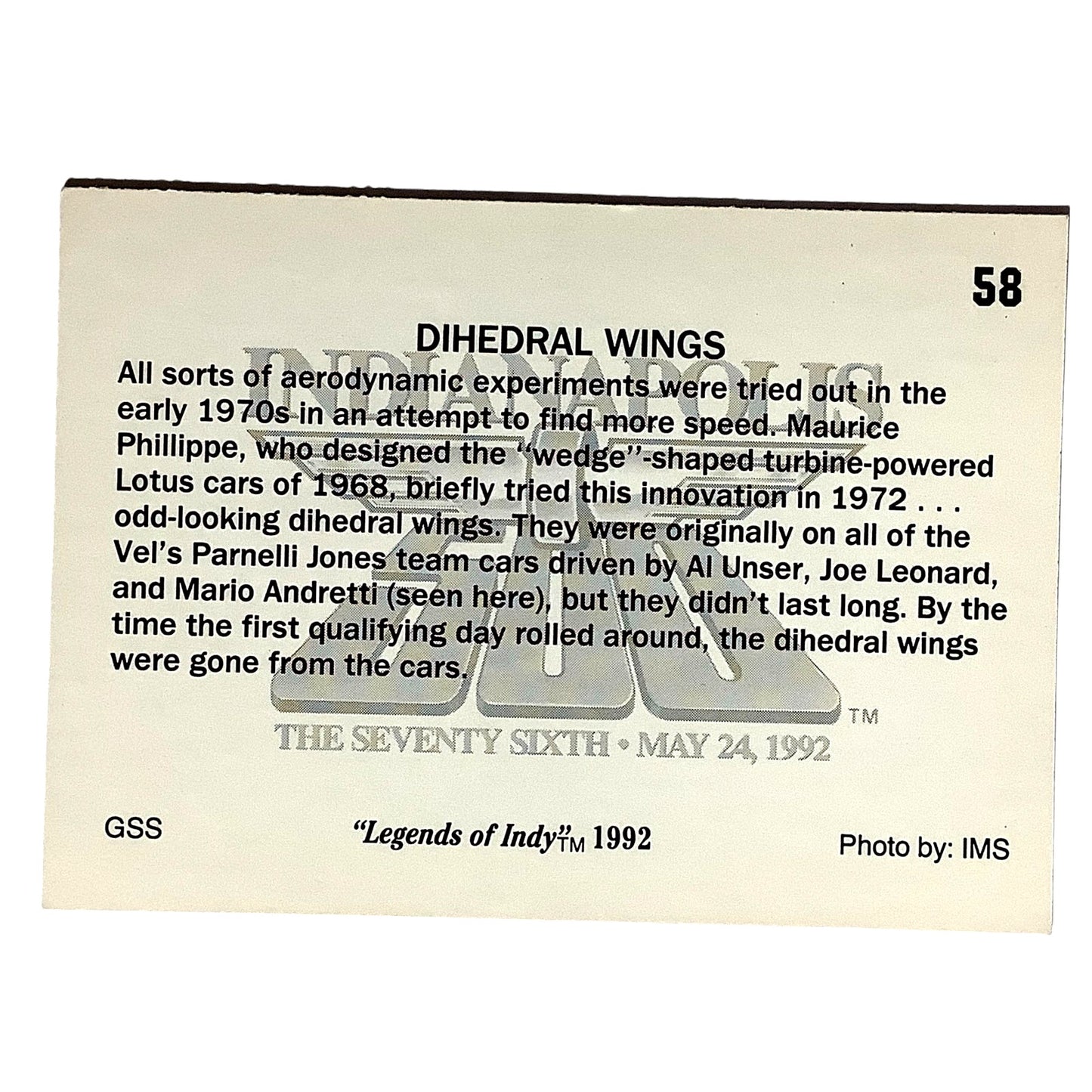 1972 Mario Andretti Dihedral Wings, Indy 500, 1992 Legends of Indy, Card No.58