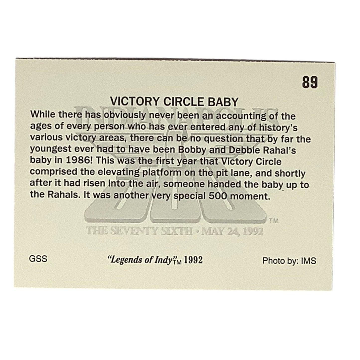 1986 Victory Circle Baby at Indianapolis 500, 1992 Legends of Indy, Card 89, NM+